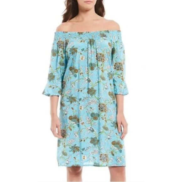 Masai Off the Shoulder Blue Floral Smocked Tunic Dress NWT Size Medium - Picture 1 of 10